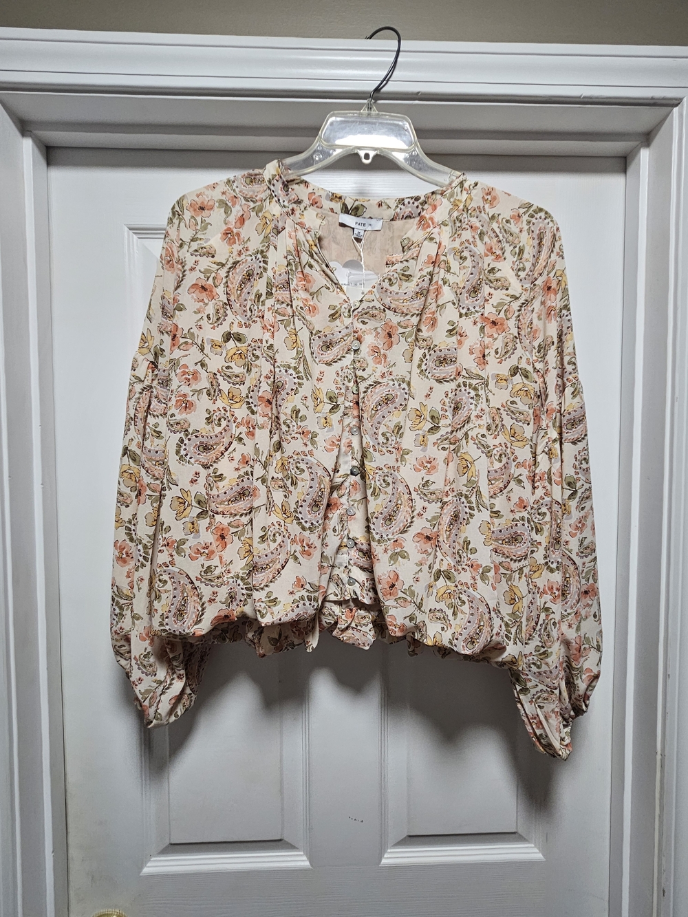 Fate Paisley Floral Peasant Blouse - Cream Pink Green